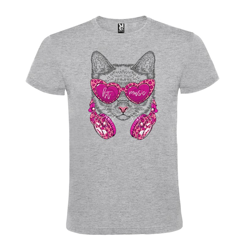 Camiseta Manga Corta Diseño Gato Auriculares Y Gafas