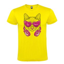 Camiseta Manga Corta Diseño Gato Auriculares Y Gafas