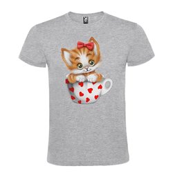 Camiseta Manga Corta Diseño Gatito En Taza Corazones