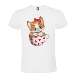 Camiseta Manga Corta Diseño Gatito En Taza Corazones