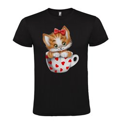 Camiseta Manga Corta Diseño Gatito En Taza Corazones