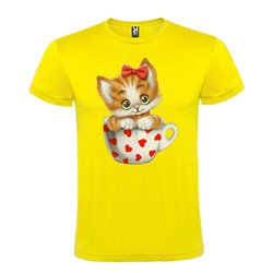 Camiseta Manga Corta Diseño Gatito En Taza Corazones